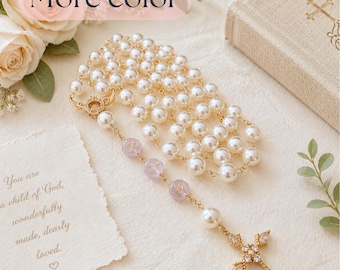 Custom Pearl Rosary with Name | Handmade Catholic Prayer Beads | Baptism Gift, First Communion Rosary for Girls | Mother of Bride Gift