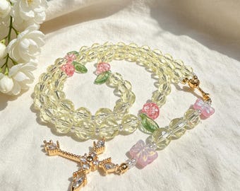 Personalized Yellow Crystal Rosary, Floral Beaded Catholic Gift, Baptism Communion Easter
