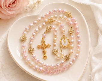 Custom Name Rosary with Bow Charm, Baptism Gift for Girl, First Communion Rosary, Christening Gift, Personalized Girl Rosary