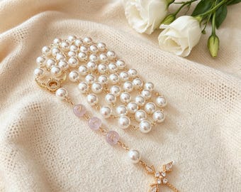 Personalized Pearl Rosary Beads, Custom Name Catholic Prayer Beads, Baptism Gift