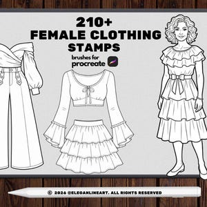 May include: A digital collection of 210+ female clothing stamps for Procreate, featuring black and white line art illustrations of an off-shoulder top with wide-leg pants, a cropped top with a tiered skirt, and a person wearing a tiered dress.