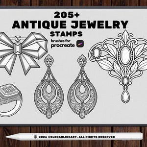 Può includere: Una grafica digitale che presenta disegni al tratto in bianco e nero di gioielli, tra cui una spilla a fiocco, un anello con sigillo, due orecchini pendenti decorati e un ciondolo decorativo. Il testo recita 205+ ANTIQUE JEWELRY STAMPS brushes for procreate.