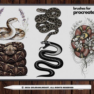 Peut inclure: Illustration num&eacute;rique de plusieurs serpents. Les serpents sont repr&eacute;sent&eacute;s dans diverses poses et couleurs, notamment marron, noir et rouge. Le texte "brushes for procreate" est visible, ainsi que les informations de copyright.