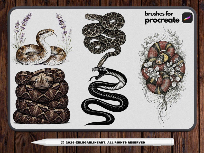 Peut inclure: Illustration num&eacute;rique de plusieurs serpents. Les serpents sont repr&eacute;sent&eacute;s dans diverses poses et couleurs, notamment marron, noir et rouge. Le texte "brushes for procreate" est visible, ainsi que les informations de copyright.