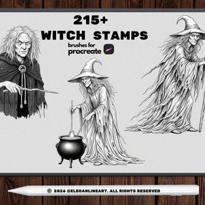 May include: A digital collection of 215+ witch stamps for Procreate featuring three black and white illustrations of witches in tattered robes, one holding a wand, one stirring a cauldron, and one holding a staff, with the text 215+ WITCH STAMPS.