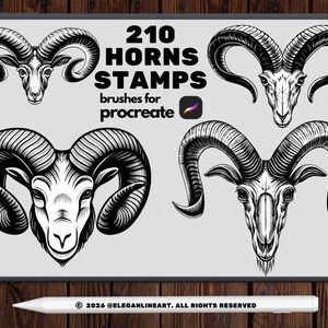 May include: A digital art set featuring four detailed illustrations of ram horns in black and white. The text reads "210 HORNS STAMPS brushes for Procreate". A white stylus is at the bottom, with copyright information.