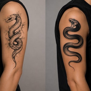 Peut inclure: Deux tatouages sur le bras repr&eacute;sentant des serpents. L'un est une illustration d&eacute;taill&eacute;e en noir et blanc d'un serpent avec des feuilles. L'autre est un serpent noir uni avec la gueule ouverte, de style graphique audacieux.