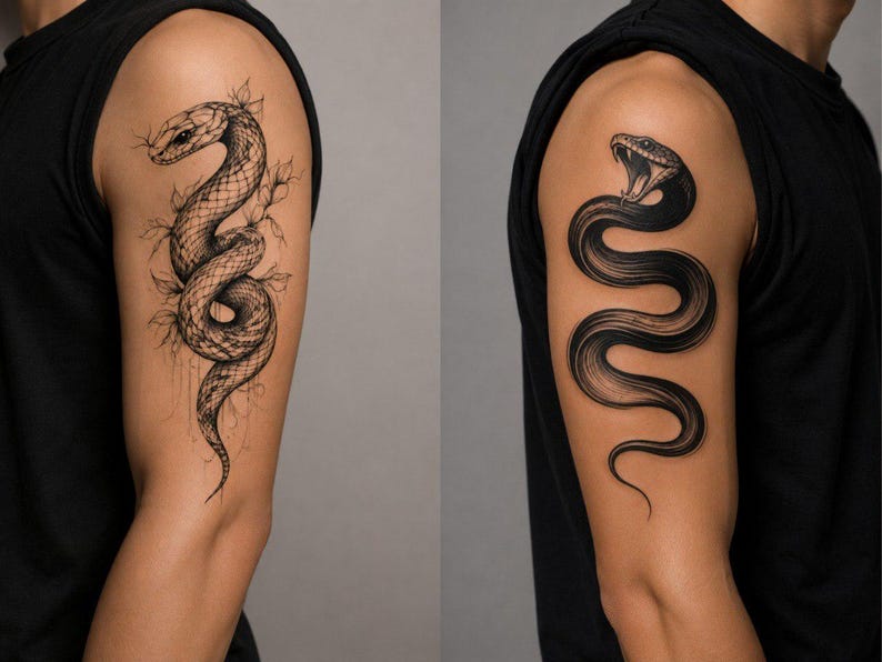 Peut inclure: Deux tatouages sur le bras repr&eacute;sentant des serpents. L'un est une illustration d&eacute;taill&eacute;e en noir et blanc d'un serpent avec des feuilles. L'autre est un serpent noir uni avec la gueule ouverte, de style graphique audacieux.