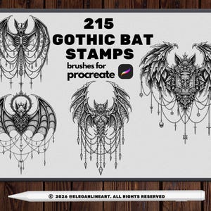 May include: A digital art set featuring 215 gothic bat stamps for Procreate. The black and white illustrations showcase detailed bat designs with intricate wing patterns and decorative elements, perfect for digital art projects.
