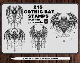 May include: A digital art set featuring 215 gothic bat stamps for Procreate. The black and white illustrations showcase detailed bat designs with intricate wing patterns and decorative elements, perfect for digital art projects.