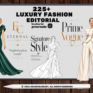 May include: A digital collection of 225+ luxury fashion editorial brushes for Procreate. The image displays a dark green one-shoulder gown, a black and white line art sketch of a similar gown, and a cream-colored tailored suit with wide-leg trousers.