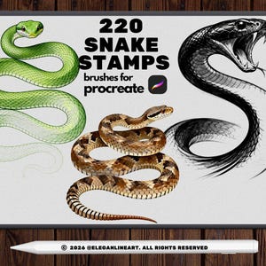 Puede incluir: Conjunto de arte digital con tres ilustraciones de serpientes: una serpiente verde, una serpiente en blanco y negro con la boca abierta y una serpiente marrón y beige. El texto dice "220 Snake Stamps brushes for Procreate". Un lápiz blanco en la parte inferior.