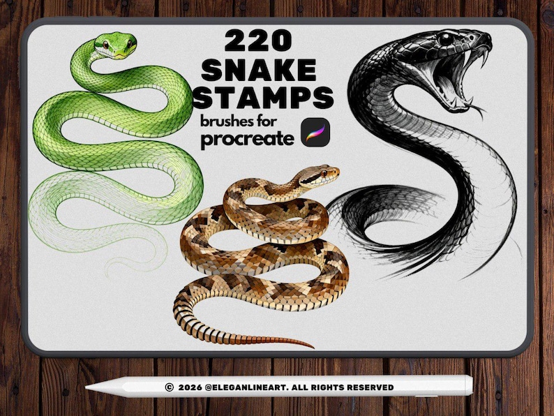 Peut inclure: Ensemble d'art num&eacute;rique avec trois illustrations de serpents : un serpent vert, un serpent noir et blanc avec la gueule ouverte et un serpent marron et beige. Le texte indique "220 Snake Stamps brushes for Procreate". Un stylet blanc est en bas.