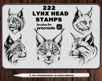 222 tampons Lynx Procreate – Pinceaux de chat sauvage, motif tête d'animal, téléchargement immédiat