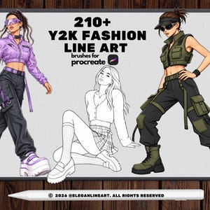 May include: Digital art print featuring three illustrations of Y2K fashion. The text reads "210+ Y2K FASHION LINE ART brushes for Procreate". The illustrations depict women in stylish outfits, including crop tops, cargo pants, and platform shoes. The bottom of the image reads "© 2026 @ELEGANLINEART. ALL RIGHTS RESERVED".