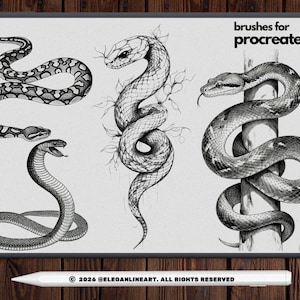 Peut inclure: Une impression d'art num&eacute;rique pr&eacute;sentant plusieurs illustrations d&eacute;taill&eacute;es en niveaux de gris de serpents. Les serpents sont repr&eacute;sent&eacute;s dans diverses poses, notamment enroul&eacute;s et dress&eacute;s. Le texte "brushes for procreate" est affich&eacute; en haut, et les informations de copyright en bas.