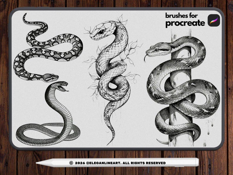 Peut inclure: Une impression d'art num&eacute;rique pr&eacute;sentant plusieurs illustrations d&eacute;taill&eacute;es en niveaux de gris de serpents. Les serpents sont repr&eacute;sent&eacute;s dans diverses poses, notamment enroul&eacute;s et dress&eacute;s. Le texte "brushes for procreate" est affich&eacute; en haut, et les informations de copyright en bas.