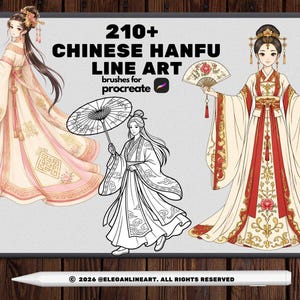 May include: Digital art set featuring three illustrations of Chinese Hanfu dresses. The image includes a colored illustration, a black and white line drawing, and a woman holding fans. Text reads "210+ Chinese Hanfu Line Art brushes for Procreate."