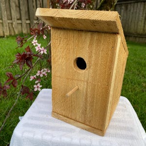 May include: A natural wood birdhouse with a small round entrance hole and a perch. The birdhouse has a sloped roof and is made of light-colored wood. It is sitting on a white surface, with a green lawn and a wooden fence in the background.