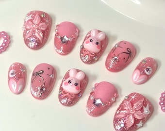 Cute Kawaii K-pop Ateez Pink Seonghwa Bunny Handmade Press On Nails
