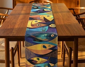 Camino de mesa con diseño de peces de mediados de siglo / Estampado geométrico abstracto de sardinas / Lino bohemio en tonos tierra