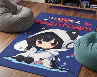 Alfombra Anime Chibi / Decoración Gamer Girl en Morado Pastel / Chenilla de Poliéster Estilo Lo-Fi para el Hogar