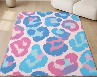 Alfombra de leopardo en tonos pastel, tapete con estampado animal abstracto en rosa y azul, decoración kawaii para la habitación.