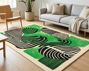 Alfombra con diseño gráfico abstracto / Decoración de bosque con linograbado en verde Kelly y negro