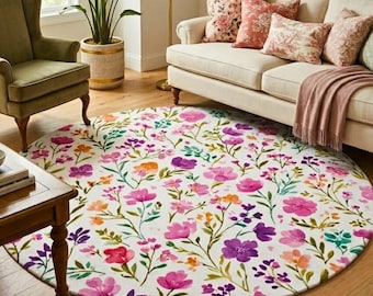 Alfombra redonda con estampado de flores silvestres en acuarela / Alfombra decorativa floral / Elemento decorativo estilo cottagecore, grandmillennial y boho.