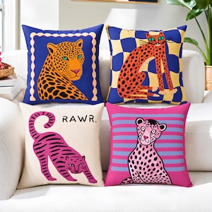 Folk Art Animal Throw Pillow, Colorful Big Cat Decorative Pillows, Eclectic Dopamine Decor for Maximalist Homes