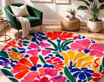 Alfombra redonda floral fauvista / Arte de jardín maximalista inspirado en Matisse