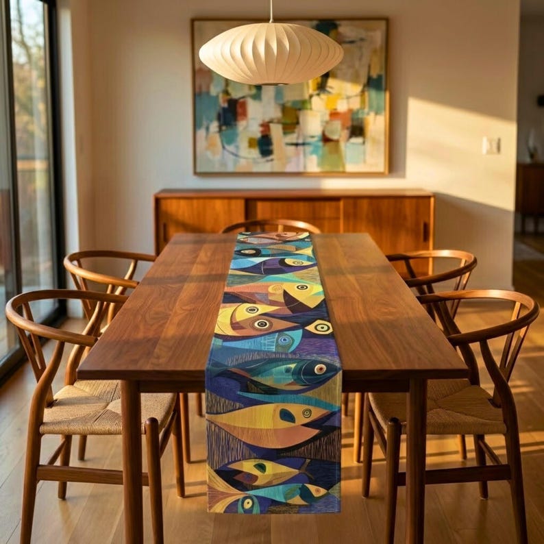 Mid-century Modern Fish Table Runner | Abstract Geometric Sardine Print ...