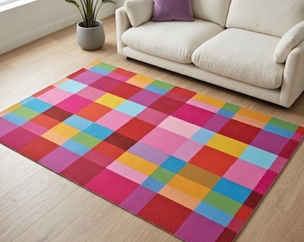 Alfombra a cuadros colorida, decoración llamativa Dopamine, alfombra ecléctica moderna, alfombra llamativa multicolor rosa y roja