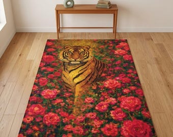 Alfombra con estampado floral de tigre, tapete botánico ecléctico maximalista, decoración artística