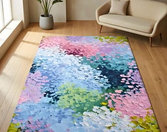 Alfombra con estampado abstracto tipo empaste / Diseño floral en espátula en rosa, azul y menta