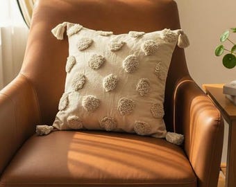 Textured Pillow Cover, Throw Pillow Case with Tufted Pom Pom Design, Farmhouse Home Decor