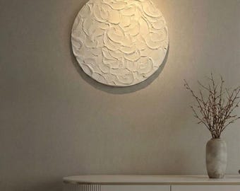 White Circle Textured Abstract Painting: Handmade Minimalist Canvas Art for Living Room
