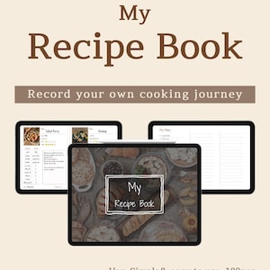 Puede incluir: Un libro de recetas digital con el título "My Recipe Book" en marrón. La imagen muestra tres tabletas que muestran recetas y páginas en blanco. El texto "Record your own cooking journey" está debajo del título. La parte inferior de la imagen dice "Ver. Simple & easy to use. 100pcs."