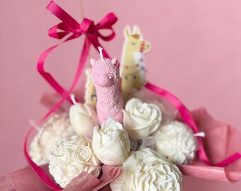 Llama Celebrate You - Pink Llama Candle Bouquet – Celebration Floral Arrangement – Birthday Party Centerpiece