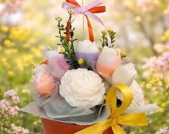 Spring Tulip Candle Bouquet, Floral Arrangement, Soy Wax Centerpiece, Pastel Decor