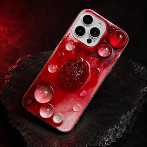 May include: A clear phone case with a red, textured design featuring a brain-like shape and clear, bubble-like accents. The case has a glossy finish and a camera cutout with multiple lenses.