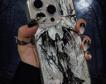 Etui na iPhone'a z motywem anioła w stylu gotyckim Y2K w ciemnej estetyce | Etui na telefon z czarnym aniołem w stylu grunge | Etui na iPhone'a z motywem cybernetycznym w stylu alternatywnym Y2K | Wyjątkowy prezent dla niej