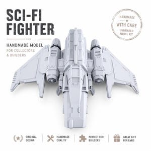 May include: A light grey unpainted sci-fi fighter model kit featuring a central fuselage with two side-mounted engines and wide wings. The text reads SCI-FI FIGHTER, HANDMADE MODEL FOR COLLECTORS & BUILDERS, and HANDMADE WITH CARE UNPAINTED MODEL KIT.