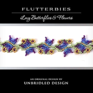 May include: A beaded design featuring a row of purple, blue, and gold butterflies and flowers. The design is called "Flutterbies Lacy Butterflies & Flowers" and is an original design by Unbridled Design.