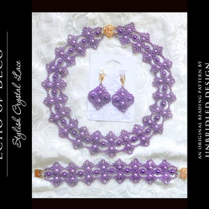 May include: A purple beaded necklace, bracelet, and earrings set. The necklace and bracelet feature a delicate, intricate design. The earrings are small and have a similar design to the necklace and bracelet. The set is labeled "Echo of Deco Stylish Crystal Lace" and "An Original Beading Pattern by Unbridled Design."