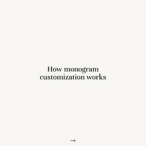 May include: A cream-colored background with the text "How monogram customization works" in black. A black arrow points to the right, indicating a step-by-step process or further information.