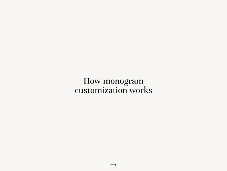 May include: A cream-colored background with the text "How monogram customization works" in black. A black arrow points to the right, indicating a step-by-step process or further information.