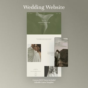 Saliegroen ivoor bruiloft websitesjabloon met RSVP, elegante bloemen vintage canvas trouwsite