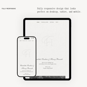 Fully responsive Canva wedding website template displayed on iPad and iPhone — elegant minimalist black and white wedding website design