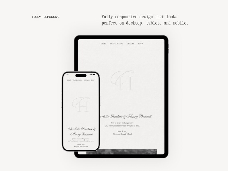 Fully responsive Canva wedding website template displayed on iPad and iPhone — elegant minimalist black and white wedding website design